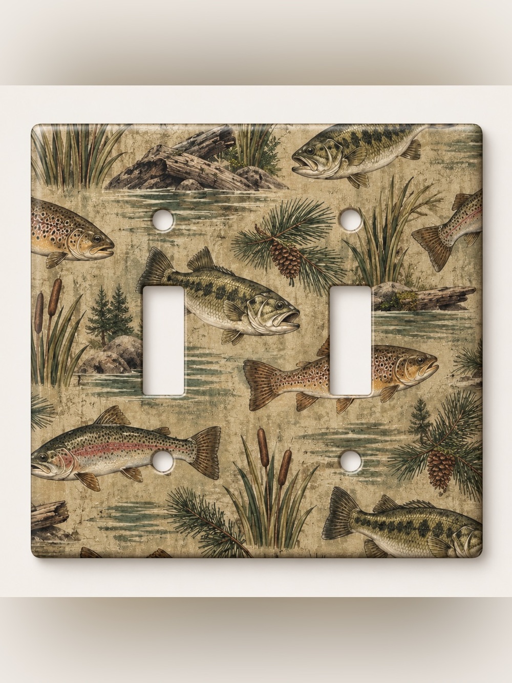 Rustic Trout Bass Fishing Lodge Lake Cabin Rocker GFCI Wall Plate Cover